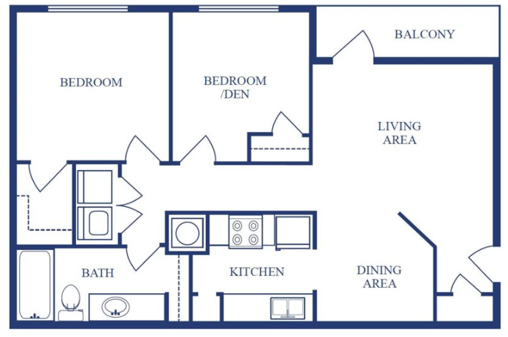 Floor plan for 2 beds, 1 bath, 900 sqft